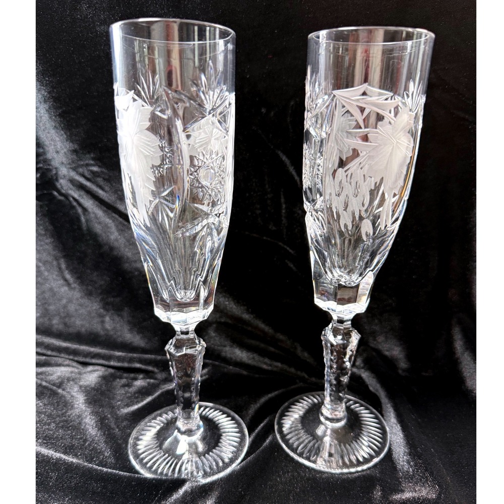 Vintage Cut Crystal Champagne Flutes Etched Floral Starburst Glasses Set 6 - Picture 3 of 7